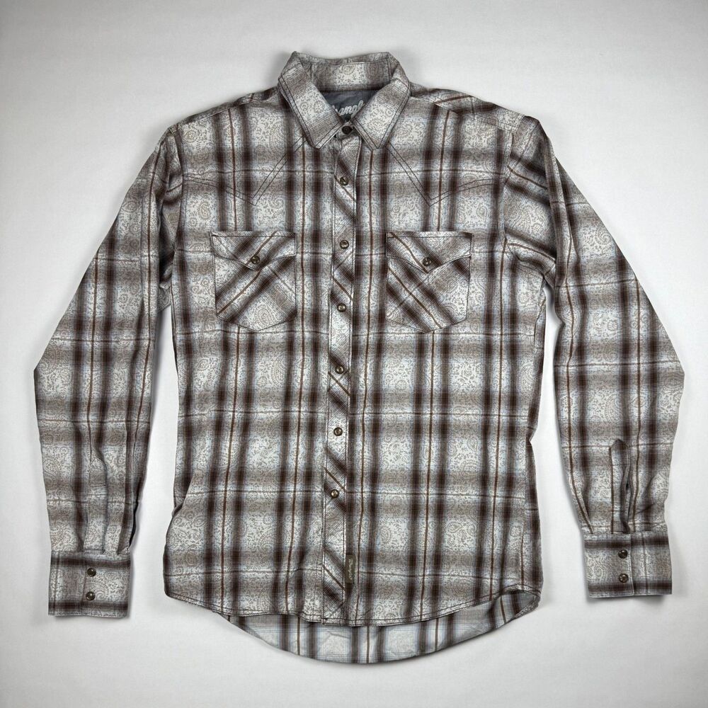 Wrangler Retro Pearl Snap Western Shirt Brown Plaid Cotton Medium